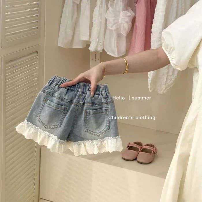 Quần short denim bé gái quần short denim ống rộng thời trang ren bé gái