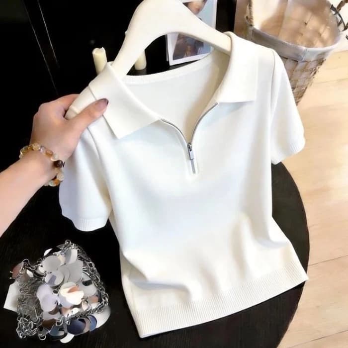Áo thun ngắn tay dáng rộng và mỏng nửa hở cổ dây kéo Ice Silk Áo thun nữ đa năng