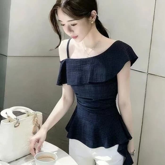 Áo sơ mi nữ dây vai lệch màu xanh navy cao cấp thiết kế áo sơ mi eo không đều