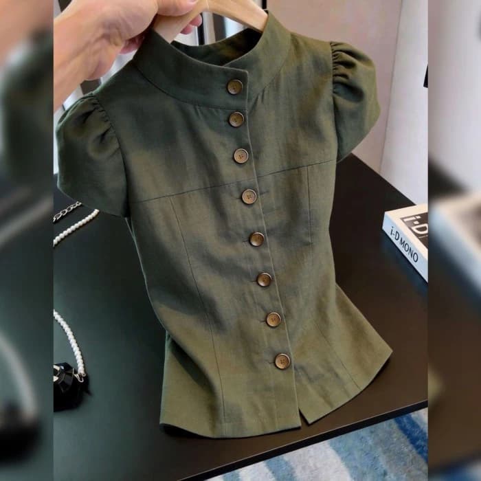 French Puff Sleeve Military Green Button Top For Women, Slim And High-end Design, Super Nice