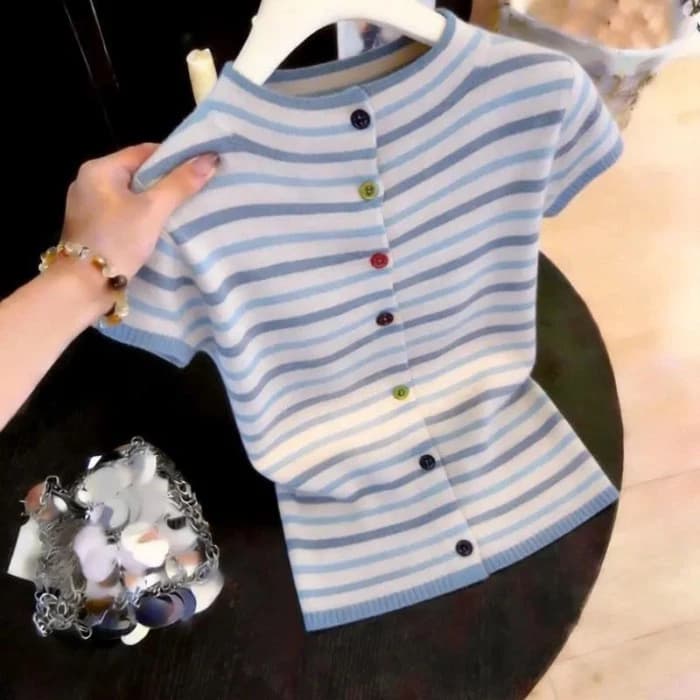 Casual Tops, Fashionable And Slim, Versatile Striped Niche Short-sleeved Sweaters For Women