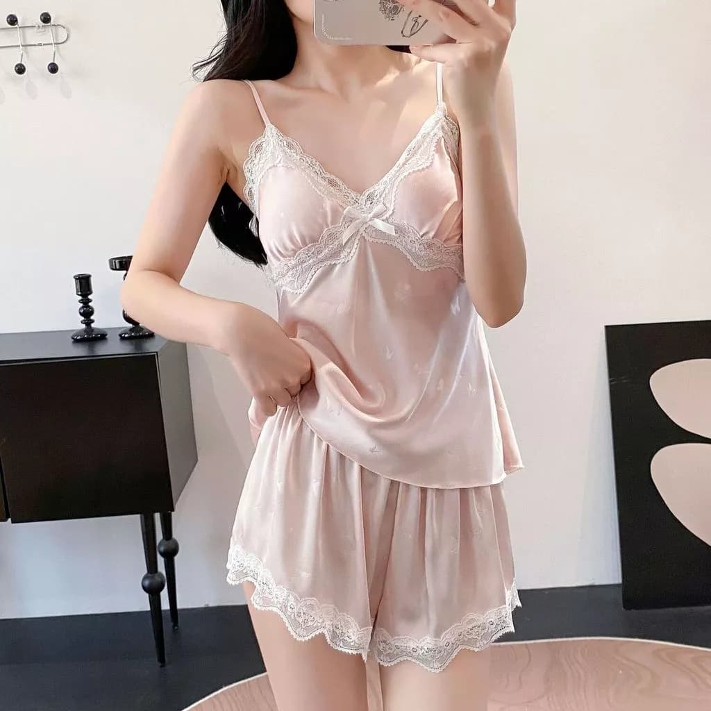 2026 Nữ Mùa Hè Mới Băng Lụa Bộ Đồ Ngủ Ren Nổi Quần Short Camisole Bộ Gợi Cảm Loungewear