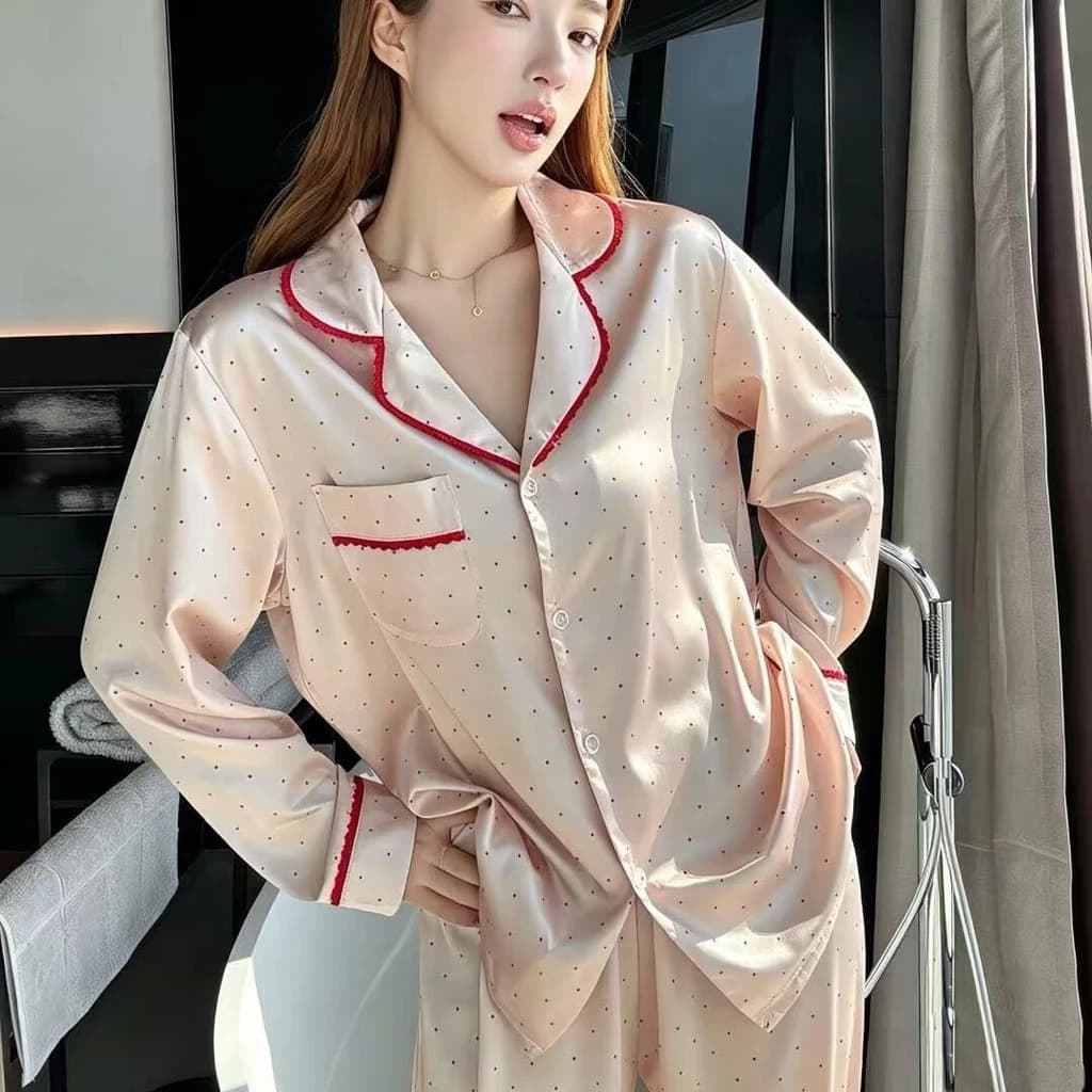 2026 Bộ đồ ngủ chấm bi chặn màu ngọt ngào phong cách Hàn Quốc dành cho nữ Xuân Thu Băng lụa dài tay Bộ đồ mặc nhà dài tay