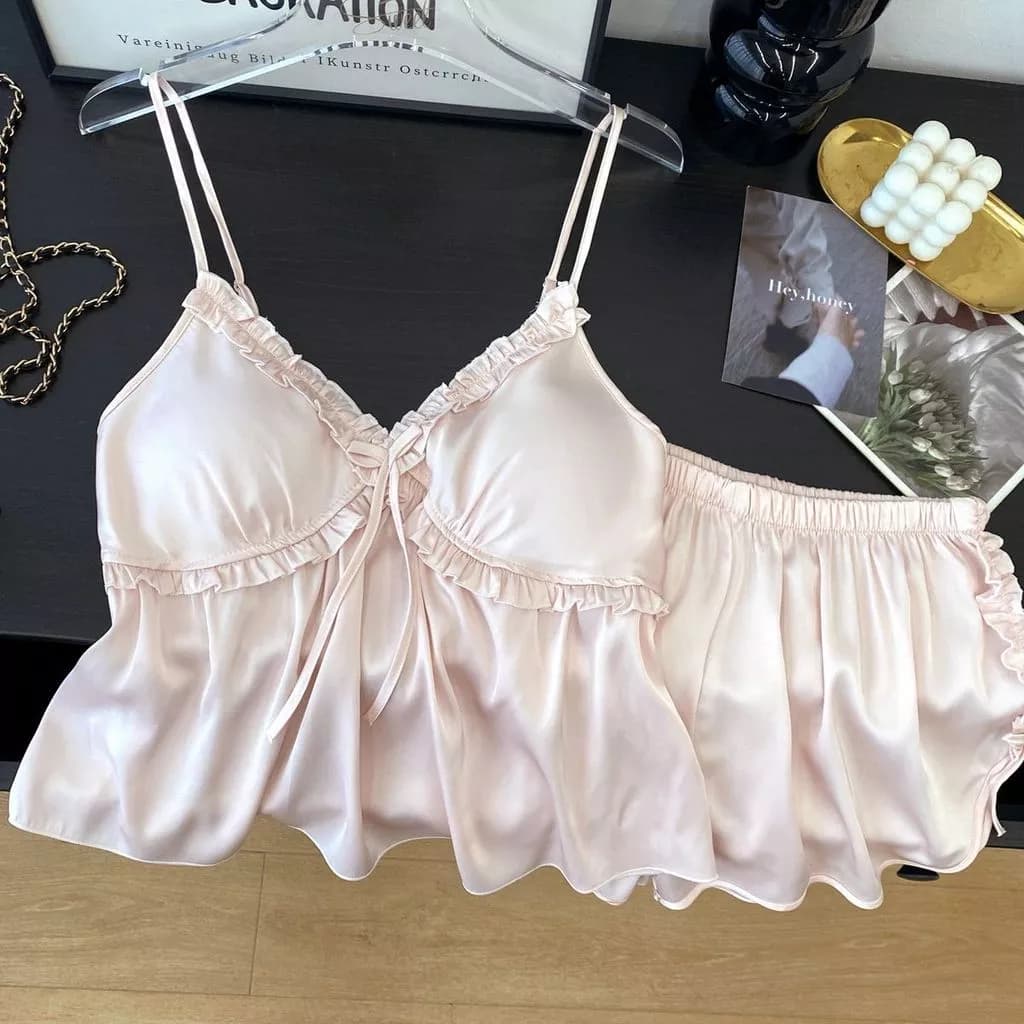 Bộ Đồ Ngủ Nữ Cổ Chữ V Pháp Sttyle Chắp Vá Gợi Cảm Quần Short Bộ Có Miếng Lót Ngực Mặc Nhà