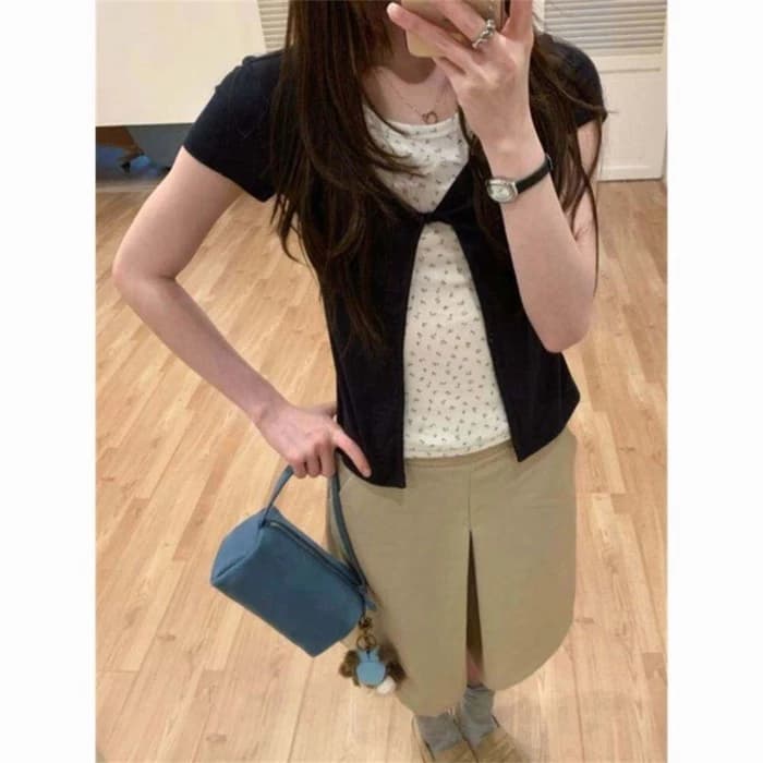Korean Fake Two-piece Floral Twist Versatile Short-sleeved T-shirt For Girls Slimming Right S