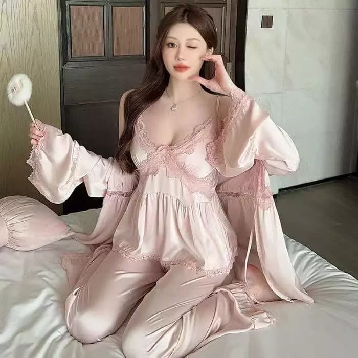 Bộ đồ ngủ ba mảnh lụa băng mùa xuân thu dành cho nữ để mặc tại nhà