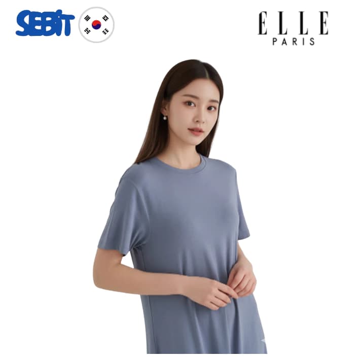 [ELLE] Đầm suông elle dáng dài A tay ngắn màu xanh nhạt Váy thun cotton phong cách Hàn Quốc che bụng