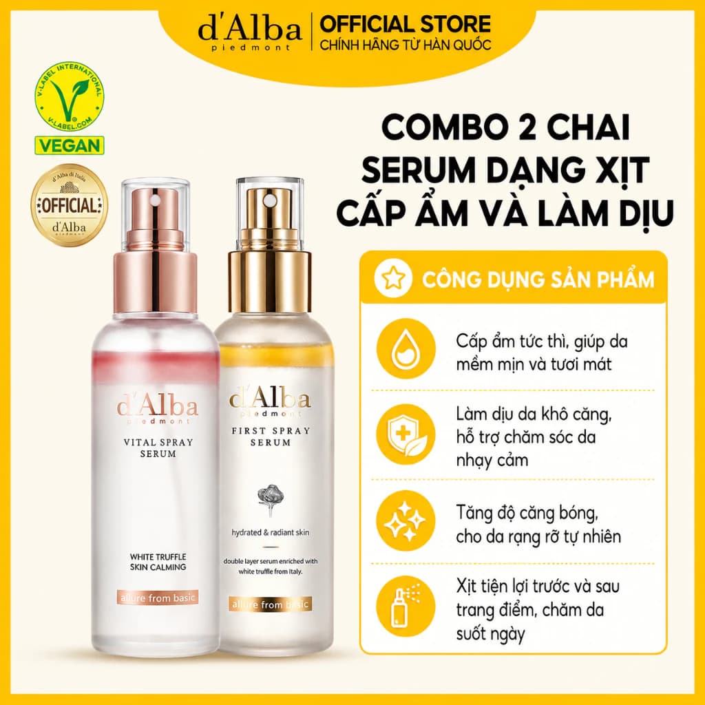 [d'Alba Official] Combo Serum dạng xịt khoáng căng bóng da 100ml  và Serum dạng xịt cấp ẩm và làm dịu Vital Spray Serum 100ml