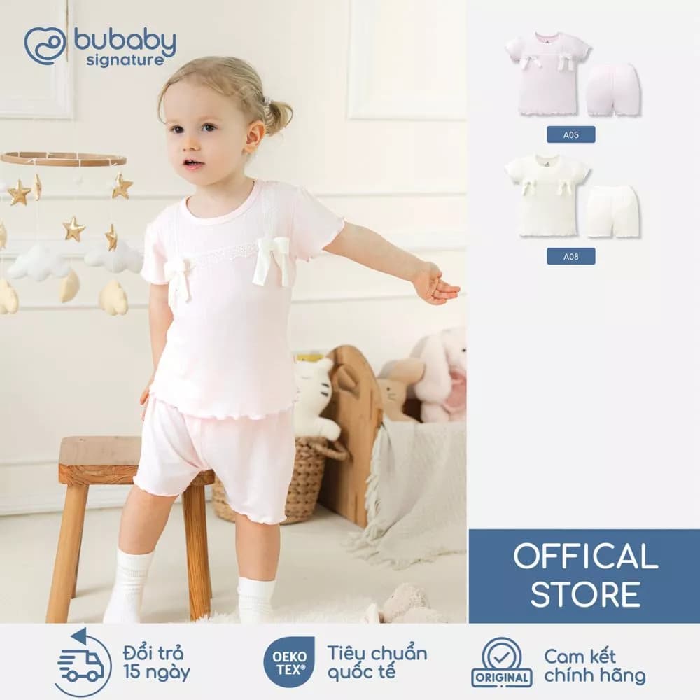 BU Baby Bộ cộc tay bé gái nơ ngực, bộ quần áo cộc tay Hàn Quốc | Quần áo cao cấp mềm mịn | SVS1304BG