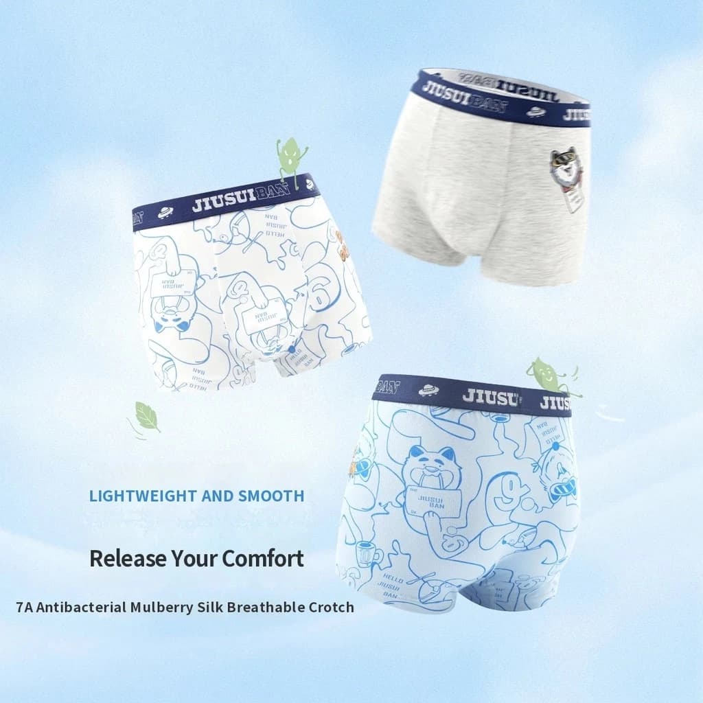 Quần lót boxer kháng khuẩn Jiusuiban dành cho bé trai, bộ ba quần lót trẻ em chất liệu modal loại A, cạp chun rộng, độ co giãn cao