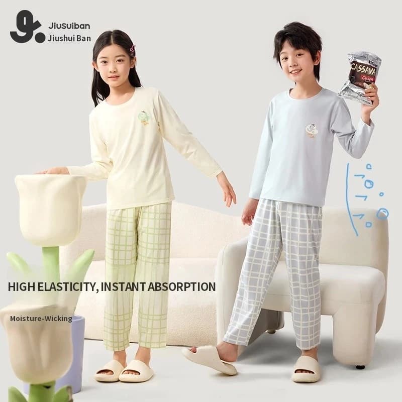 Jiusuiban Bộ Đồ Ngủ Trẻ Em Nam Xuân Thu Dài Tay Rời Điều Hòa Không Khí Quần Áo Mỏng Phong Cách Thoáng Khí Bé Gái Cardigan Homewear Suit