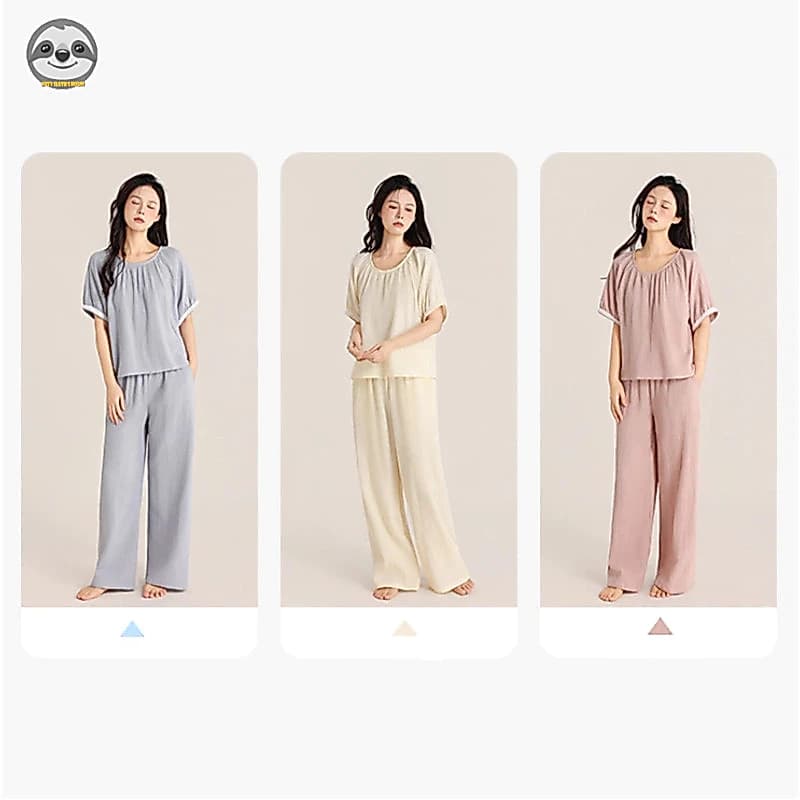 Bộ đồ ngủ Cotton nguyên chất Crepe màu trơn dành cho nữ / Quần ngắn tay màu trơn mùa hè Quần dài tay màu trơn / Đồ ngủ ngoài thoải mái đơn giản