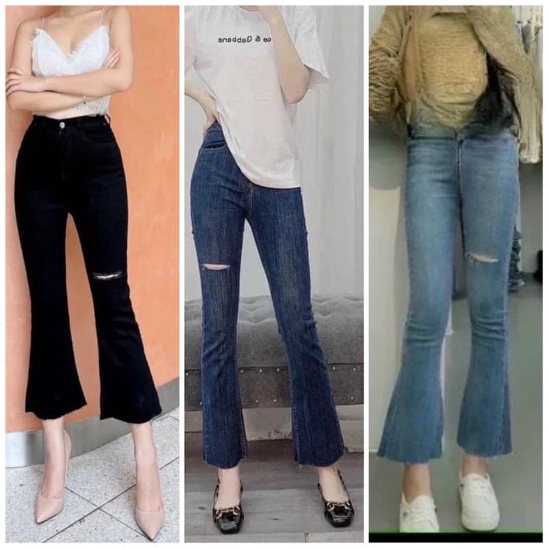 Quần jeans loe lỡ rách ngang đùi nhẹ lai cắt 90cm và 93cm🌹Sẵn