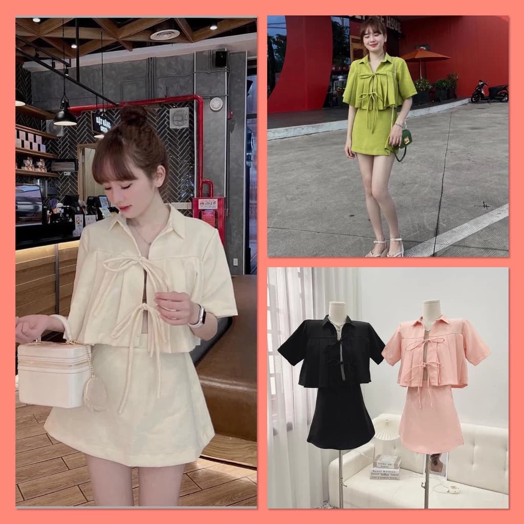 Set Bộ Dạ Áo Croptop Thắt Nơ Mix Chân Váy Cá Tính Có Ảnh Thật Kèm Video