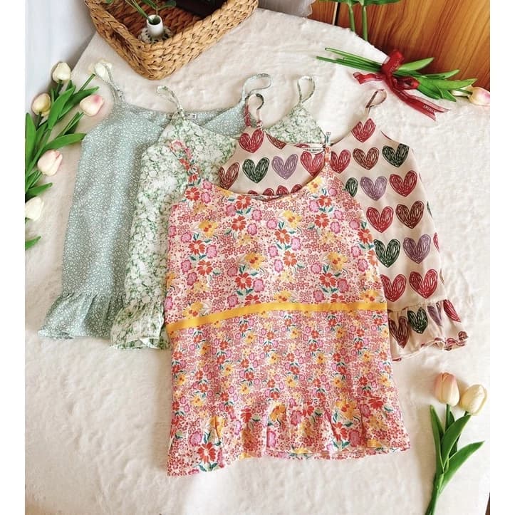 Bộ đồ ngủ nữ áo 2 dây quần ngắn hoa nhí dễ thương mặc ở nhà chất Lụa, Đũi, Tole, Lanh, xô muslin mềm mát