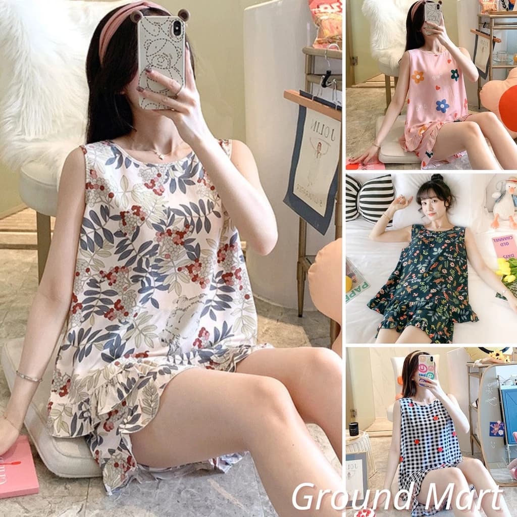Bộ đồ mặc ở nhà dành cho nữ, bộ áo ba lỗ và quần đùi nhún bèo vải lanh mặc nhà mềm mát, trẻ trung size 35-75 kg (kiểu 2)