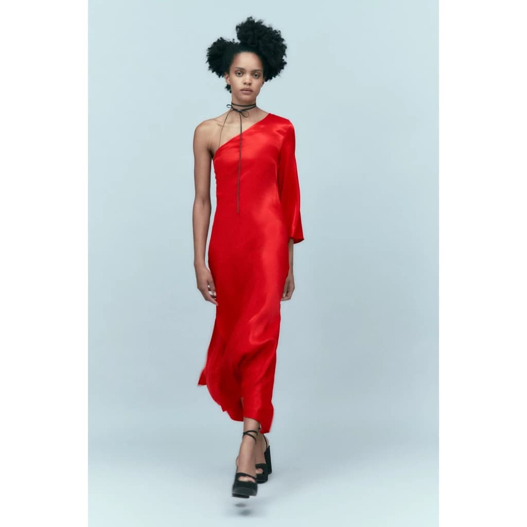 Size XS ZARA Đức - Đầm lụa satin dài lệch vai tay dài dự tiệc màu đỏ sale auth new tag cao cấp chính hãng sẵn 9878/172