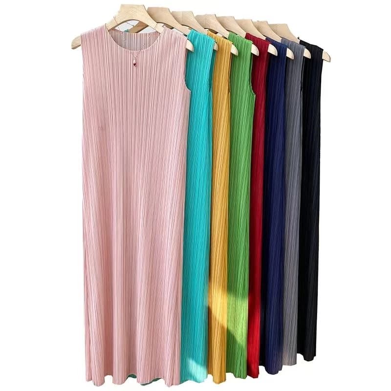 Đầm Midi Trơn Xếp Ly Không Tay Cổ Tròn Dáng Suông Dài Cho Nữ