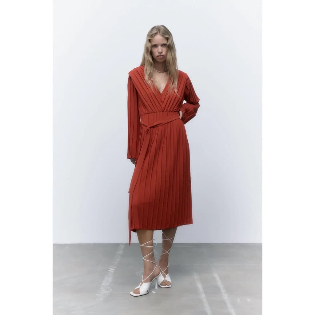 ZARA Đức - Đầm dài xếp ly form suông chiết eo cổ V tay dài dây thắt eo sale auth new cao cấp chính hãng có sẵn 1165/526