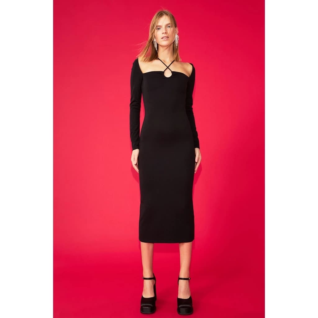 H&M Đức - Đầm body dáng dài tay dài dây vai cổ vuông co giãn màu đen sale auth new tag cao cấp chính hãng sẵn 1113131001
