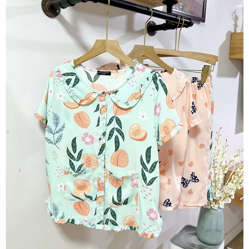 Bộ đồ ngủ mặc nhà nữ quần lửng áo cộc tay cổ sen chất Cotton, Lụa Mango, Đũi, Kate đủ size