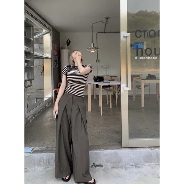[Order - 958] Quần ống xoè cạp lưng cao form rộng + baby tee (video shop quay)