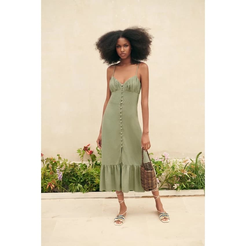 (Size M) ZARA Đức - Đầm midi maxi dài hai dây cổ V đũi pha viền xòe cúc cài màu xanh lá sale auth new có sẵn 7980/939