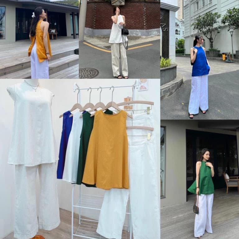 Áo sát nách nút bọc xoè quần suông dài