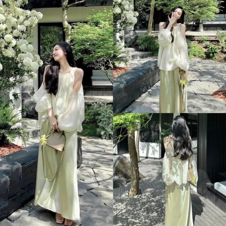 Set áo tơ ánh rớt vai xoè + chân váy lụa dài xanh đậu