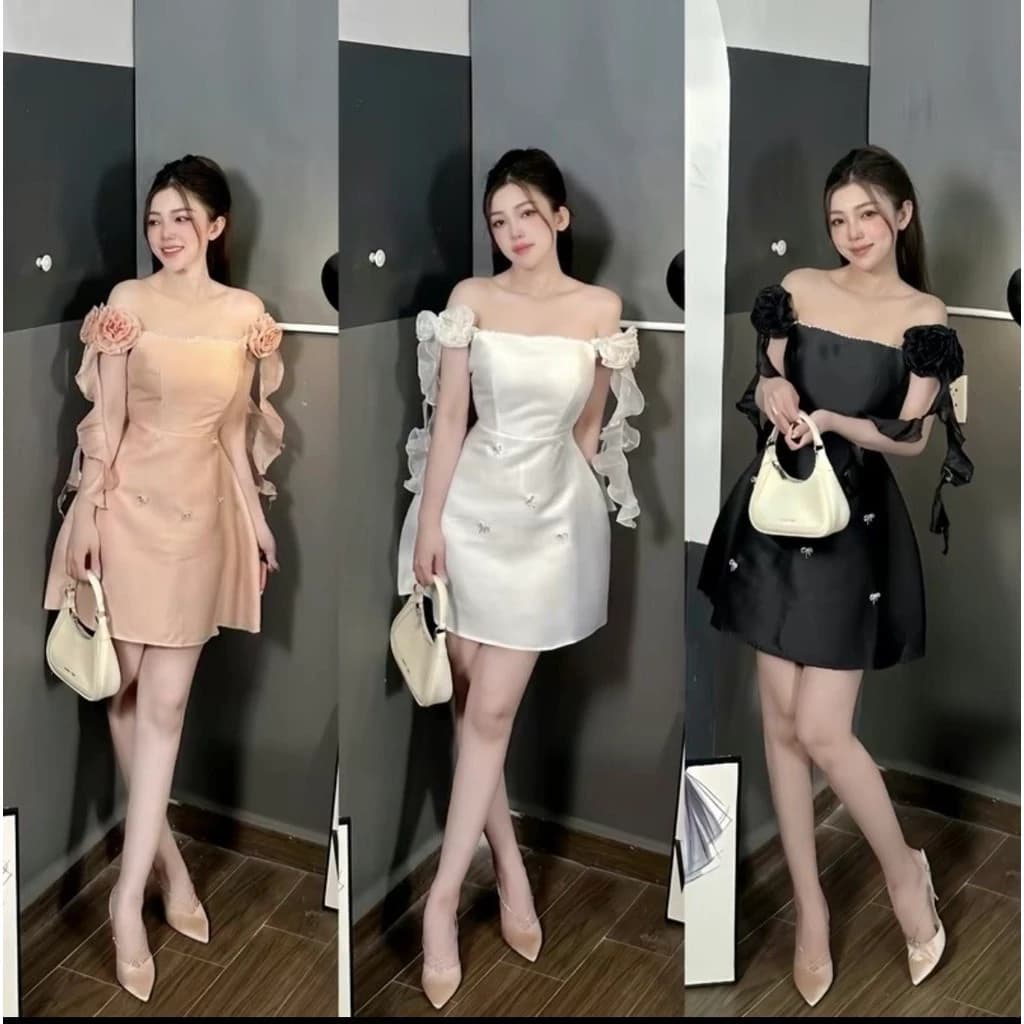 [DOLLST4 GIẢM 35k] Váy Taffa Trễ Vai Đính Hoa Nổi 3D Hiện Đại và Quyến Rũ Doll Diva V57