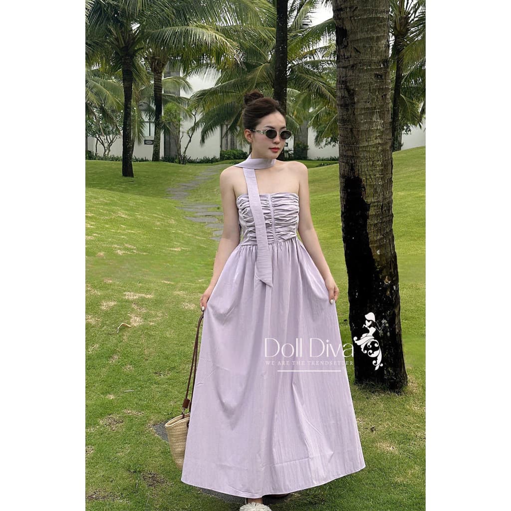 V60 Váy Maxi Biển Nhún Bèo Kèm Choker 2 Màu Doll Diva