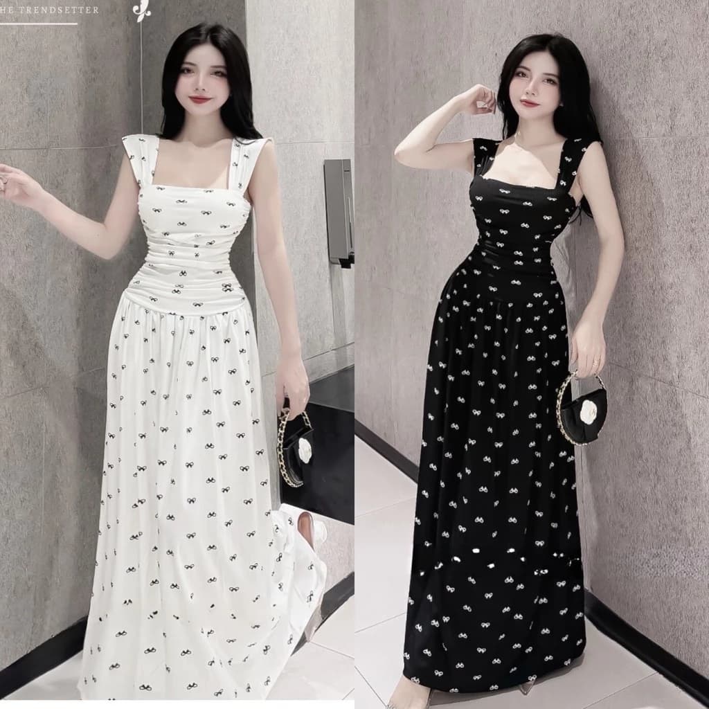 V64 Váy Thiết Kế Maxi In Hình Nơ Chất Tăm Hàn Mát Mịn Hai Màu Dolldiva