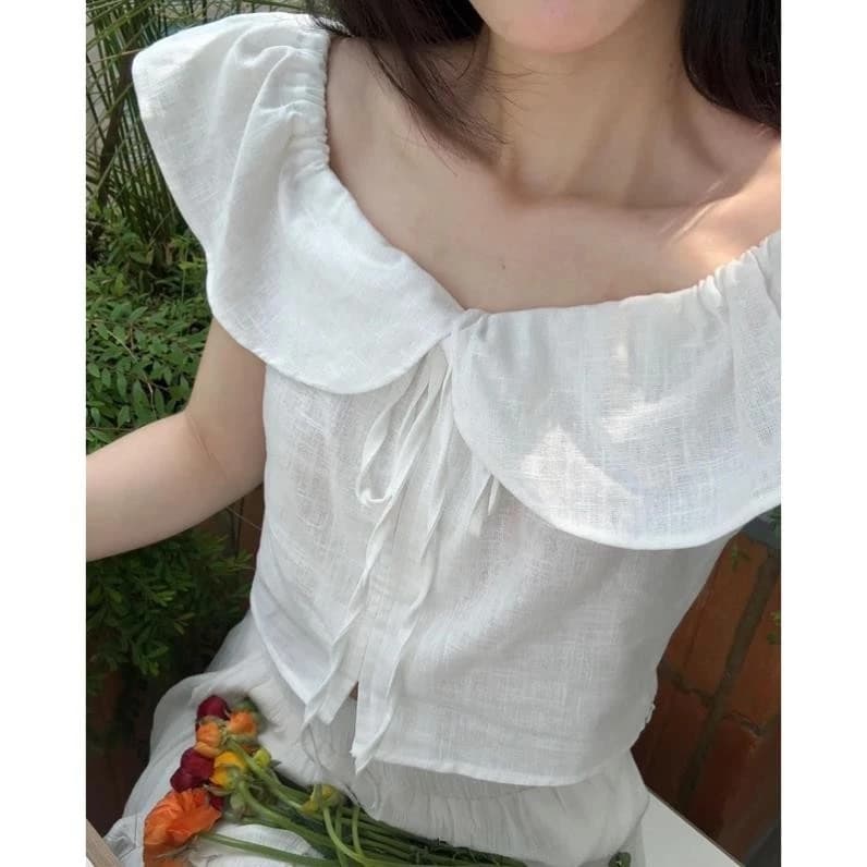 [Mya house] Áo linen croptop cổ bèo cánh tiên BABY TOP