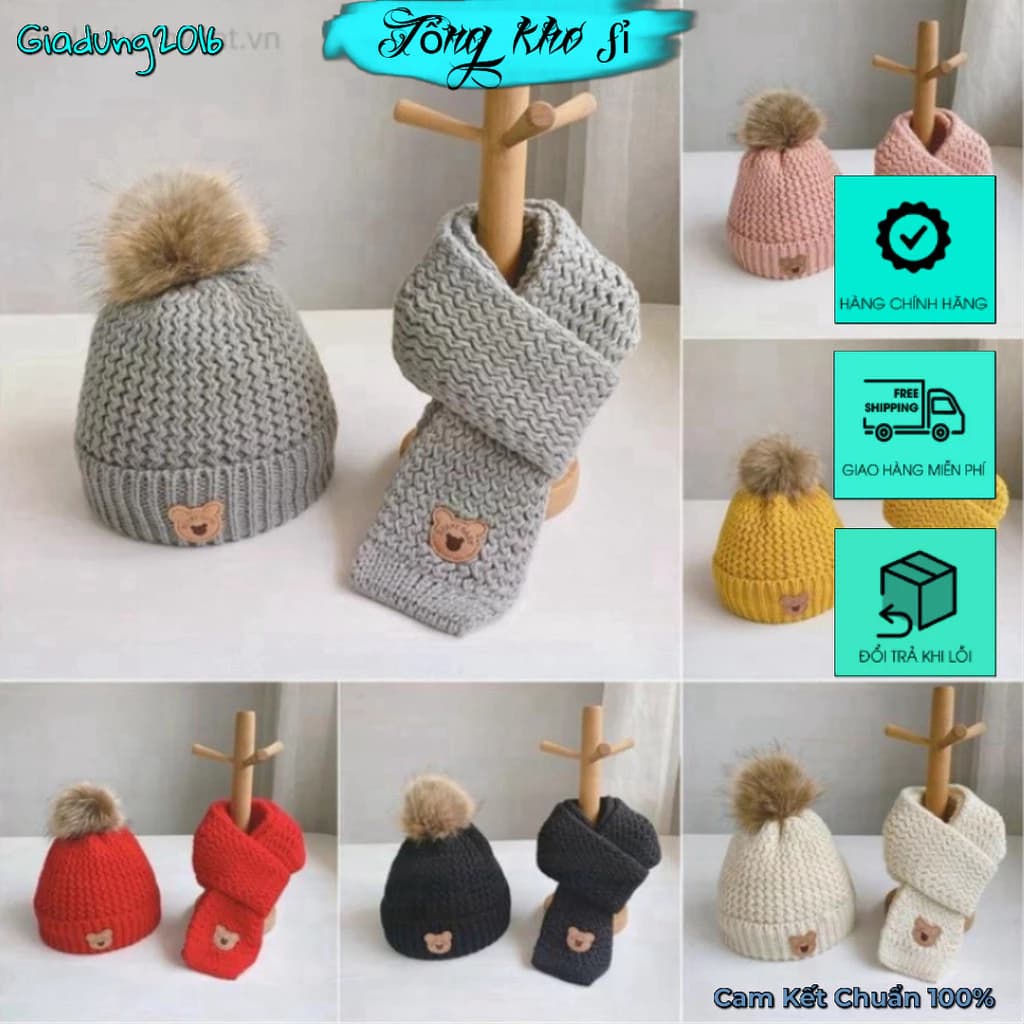 Set Mũ Len + Khăn Choàng Gấu BABY 🌏FREE SHIP🌎  Mũ Nón len quả bông cho bé kèm khăn cực xinh 1-7 tuổi. (tuyển sỉ)