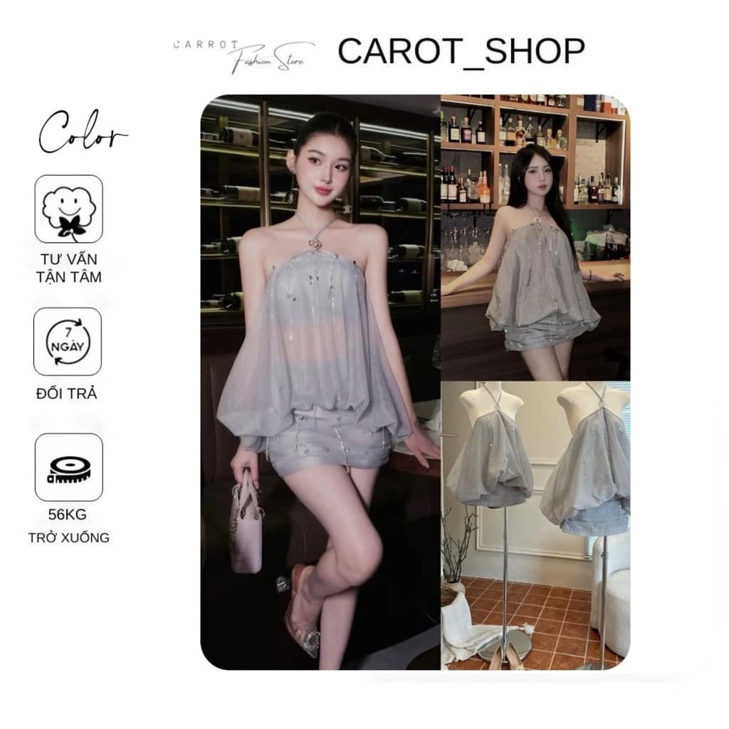 VN12 ( 𝐅𝐎𝐑𝐌 Đ𝐄̣𝐏 + 𝐂𝐎́ 𝐐𝐔𝐀̂̀𝐍 ) SET ÁO TƠ XÁM KHÂU ĐÁ + CHÂN VÁY ÔM BODY ĐÍNH ĐÁ SANG CHẢNH BY CarrotShop