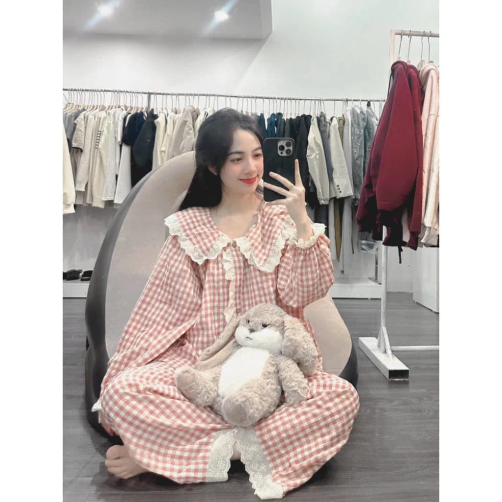 Sét Bộ Pyjama Dài kẻ Xốp Cổ Bèo Viền Ren Siêu Xinh- Bộ Ngủ Mặc Nhà Cổ Bèo Xinh Chất Liệu Thoáng Mát
