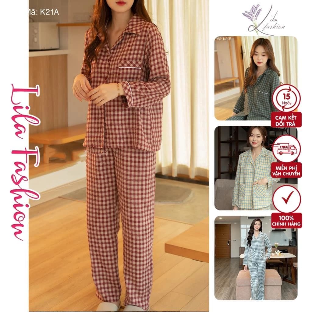 Đồ Bộ Mặc Nhà - Đồ Mặc Nhà Nữ Suna Kẻ Caro Dáng Dài Có Cổ Mặc Thoải Mái Chất Liệu Cotton Mềm Mịn Áo Có Cổ Bẻ