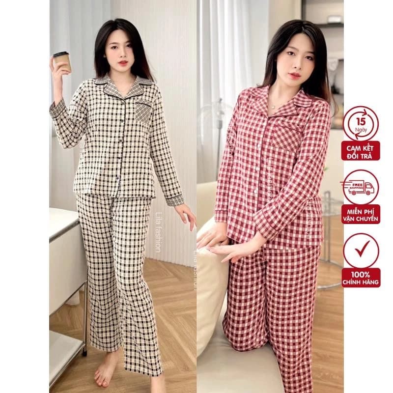 P17-Đồ bộ mặc nhà nữ Suna Clothing kẻ caro phối cổ bẻ pyjama, Chất thô cotton Nhật mềm mịn mát