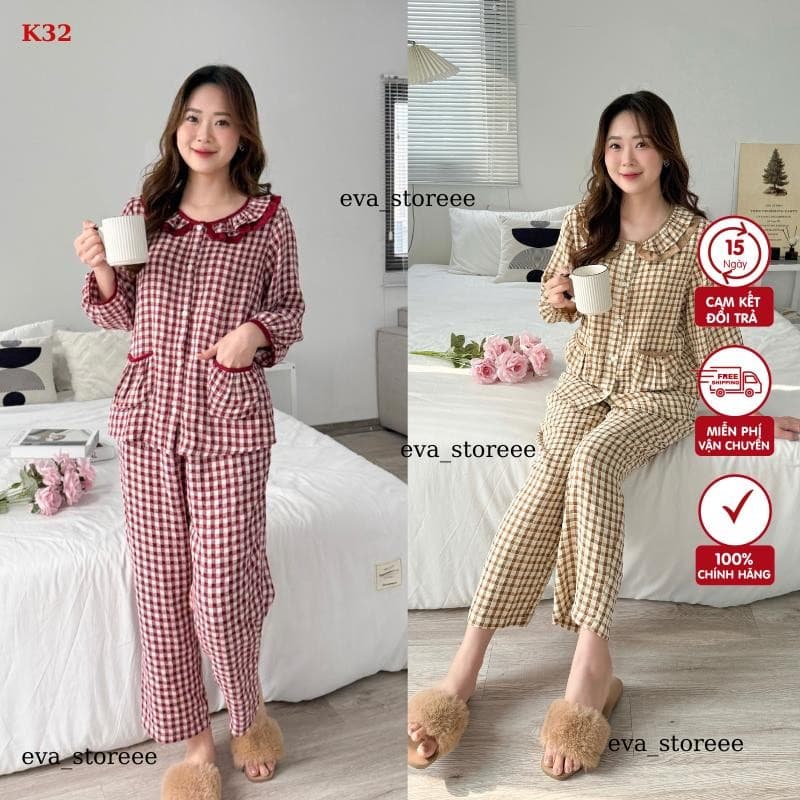 K32- Đồ Bộ Kẻ Caro Suna Clothing Dáng Dài Áo Cổ Tròn Bèo, Bo Tay, Quần Dài Mặc Thoải Mái, Chất Liệu Thô Cotton Mềm