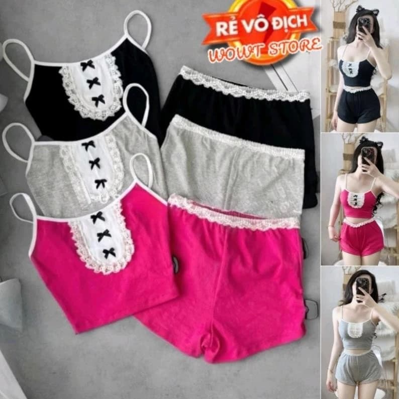[ SB-337 ] Sét bộ nữ 2 món áo 2 dây phối màu kèm nơ và quần đùi lưng thun co dãn eo 58-75cm Free Size dưới 54kg