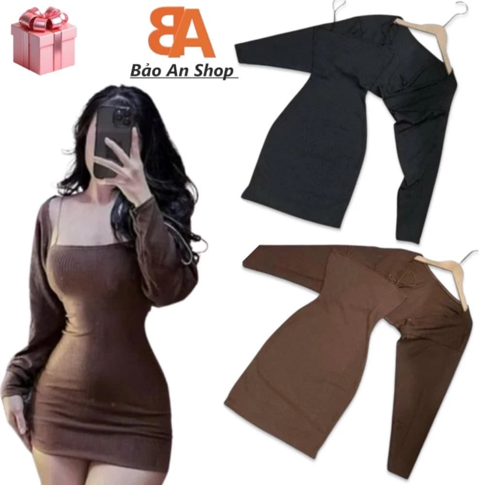 [ SĐ-273 ] Sét bộ nữ đầm 2 dây phối áo khoác ngoài chất vải thun gân len 4 chiều