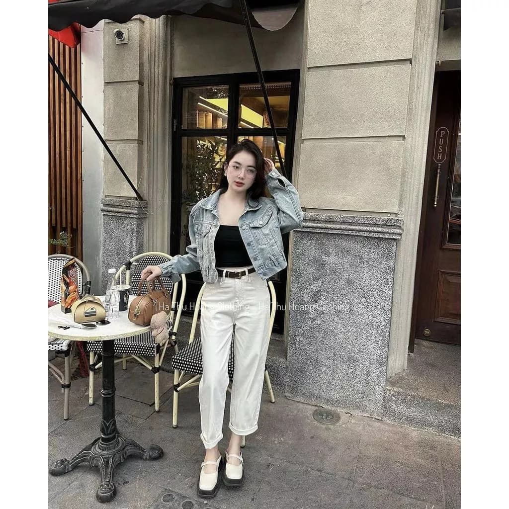 Quần Jean Baggy trắng nữ trơn Midori Shop, Quần Baggy jean nữ lưng cao co giãn Retro HL202