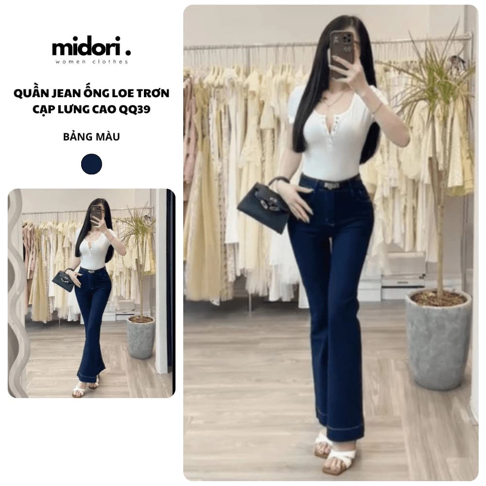 Quần Jean Nữ Ống Loe Trơn Cạp Lưng Cao Co Dãn Quần Bò Loe Chất Jean Mềm Hách Dáng Midori Shop QQ39