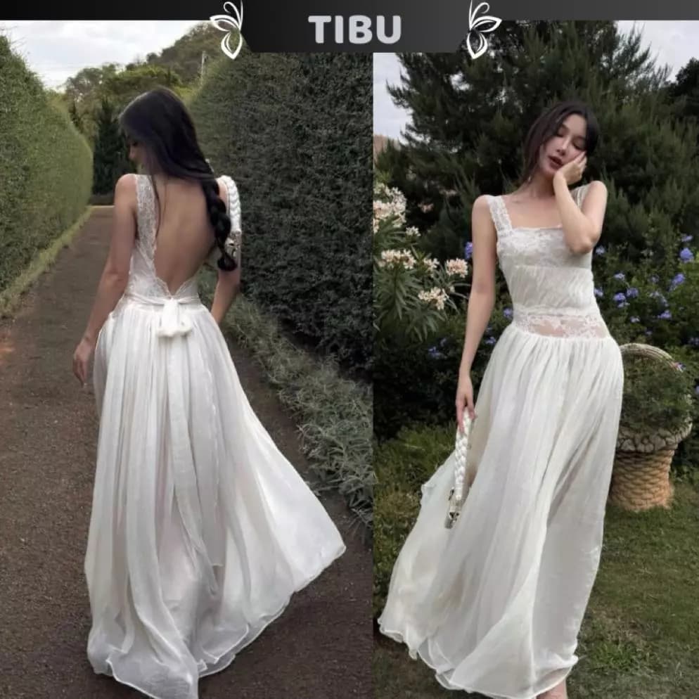 YABUMA - Đầm Maxi Hai Dây Hở Lưng Cột Nơ Dáng Xoè Tiểu Thư Sang Chảnh Phối Ren Đi Chơi Dạo Phố D711