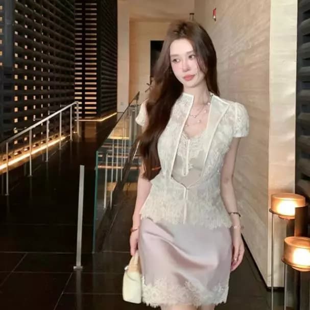 YABUMA - Set Áo Hai Dây Lụa Kèm Chân Váy Phối Áo Choàng Ren Sang Chảnh Đi Chơi Biển Dạo Phố Mùa Hè B734