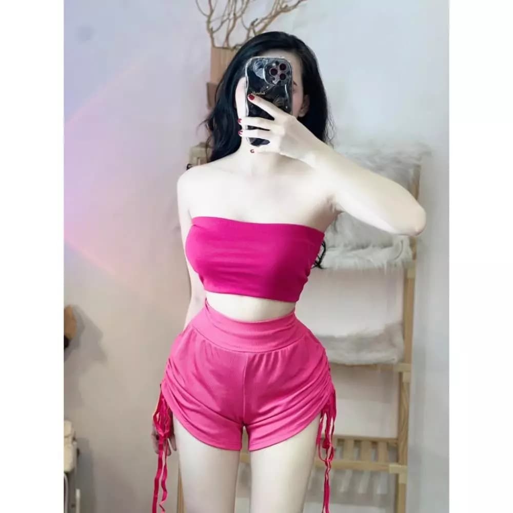 Set bộ áo ống croptop phối quần đùi rút dây 2 bên cực hot YBM