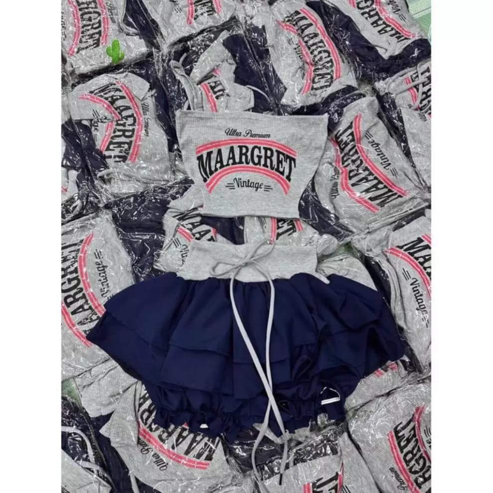 Sét bộ áo ống croptop in chữ kiểu marrget phối chân váy xòe có quần trong bo chun xinh xinh YBM