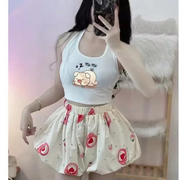 set bộ áo yếm tròng cổ bozip in heo lười kèm quần đùi bí bồng kate in họa tiết hoạt hình cute YBM