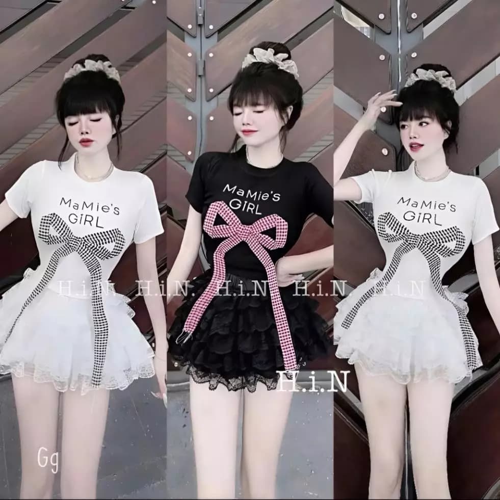 Sét bộ áo tay ngắn may dây nơ sọc và in chữ girl , phối chân váy ngắn tầng xòe cực hot YBM