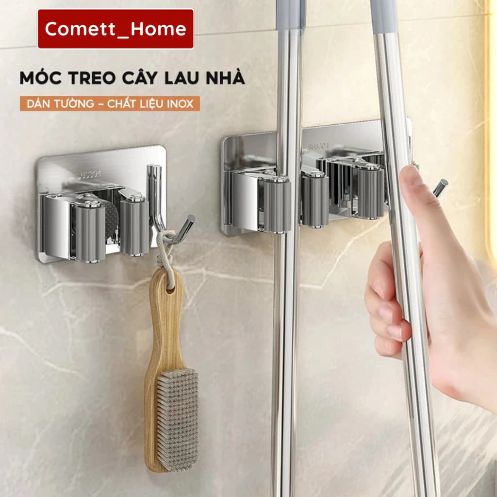 Móc Treo Cây Lau Nhà COMET Dán Tường Inox 304 Siêu Dính - Móc Dán Tường Treo Chổi Giữ Đồ Kèm Móc Tiện Lợi
